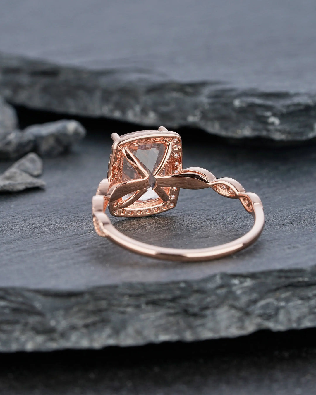 Vintage 2 Carat Peach Morganite Halo Engagement Ring, Cushion Cut Pink Morganite Wedding Ring 14k 18k Rose Gold 2 Carat Promise Ring for her - ShainJewelry