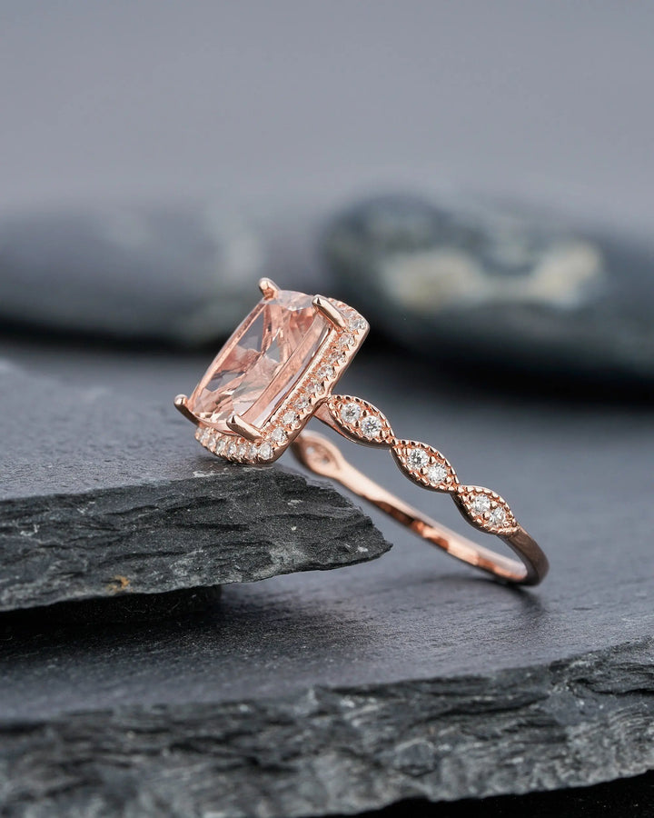Vintage 2 Carat Peach Morganite Halo Engagement Ring, Cushion Cut Pink Morganite Wedding Ring 14k 18k Rose Gold 2 Carat Promise Ring for her - ShainJewelry