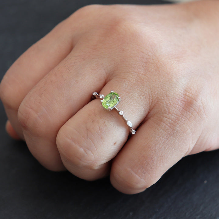 Unique Natural Peridot Engagement Halo Ring, Oval Peridot Wedding Ring, Green August Birthstone Promise Ring, White Gold Anniversary Ring - ShainJewelry