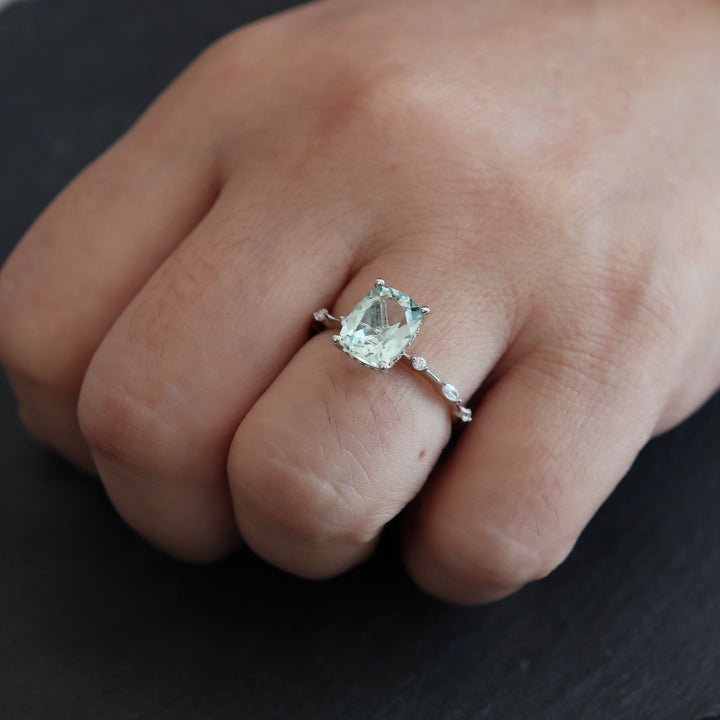 Vintage Cushion Cut Green Crystal Quartz Engagement Ring Unique White Gold Sterling Silver 925 Wedding Promise Anniversary Ring Gift For Her - ShainJewelry