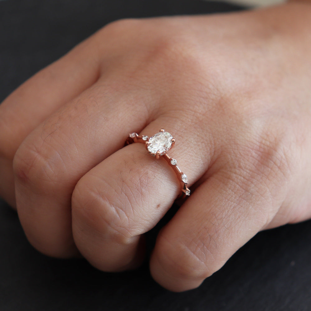 Vintage Oval Moissanite Engagement Ring, 14K Rose Gold Hidden Halo Moissanite Wedding Ring, Unique Colorless Moissanite Promise Ring for her - ShainJewelry