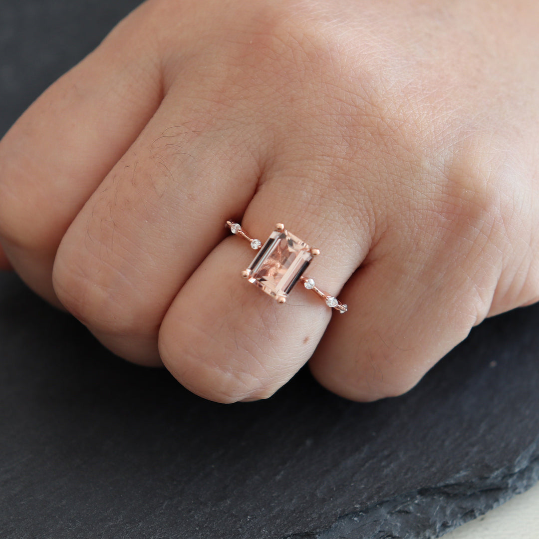 Vintage 3 Carat Pink Morganite Engagement Ring, Unique Emerald Cut Wedding Ring, Peach Morganite Promise Ring,14k Rose Gold Anniversary Ring - ShainJewelry