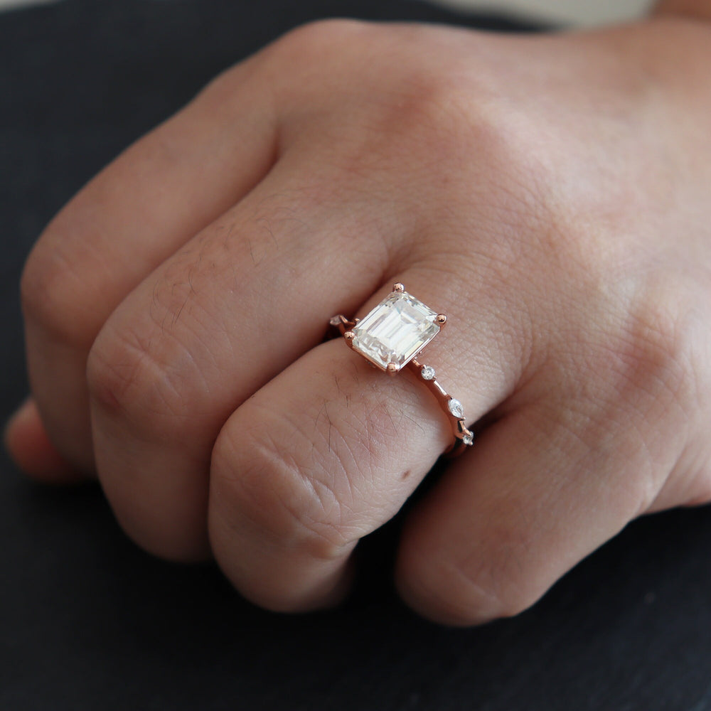 Vintage 3 Carat Emerald Cut Moissanite Engagement Ring, 14k Rose Gold Moissanite Wedding Ring, Moissanite Promise Bridal Ring Gift For Women - ShainJewelry