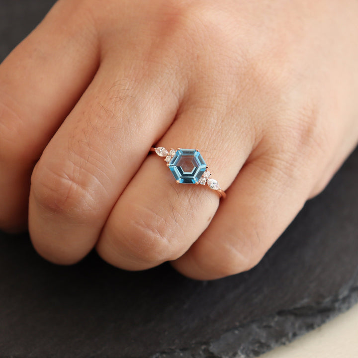 Vintage Hexagon Swiss Blue Topaz Engagement Ring 14k Rose White Gold or Sterling Silver Anniversary Promise Wedding Ring Gift For Women - ShainJewelry
