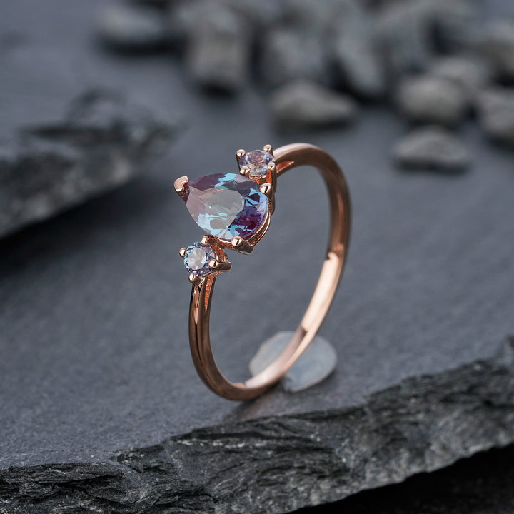 Dainty Pear Cut Alexandrite Engagement Ring, 14K Rose Gold June Birthstone Ring, Vintage Alexandrite Wedding Ring, Three Stone Promise Ring - ShainJewelry