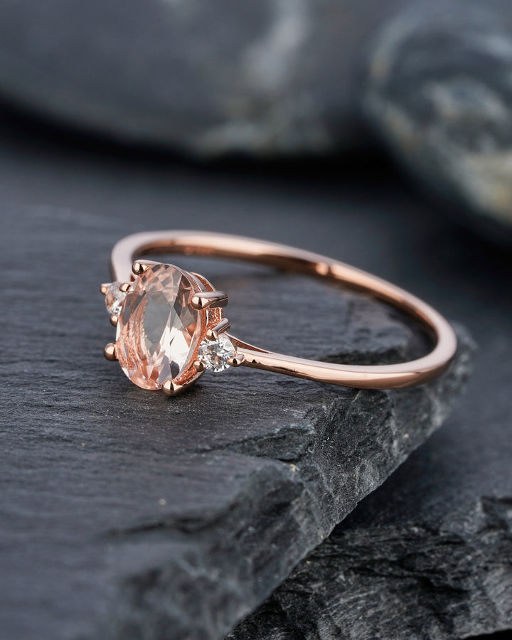 Rose Gold Morganite Engagement Ring, Pink Morganite Wedding Ring, Oval Cut Peach Morganite Promise Ring, Sterling Sliver Morganite Ring Gift - ShainJewelry