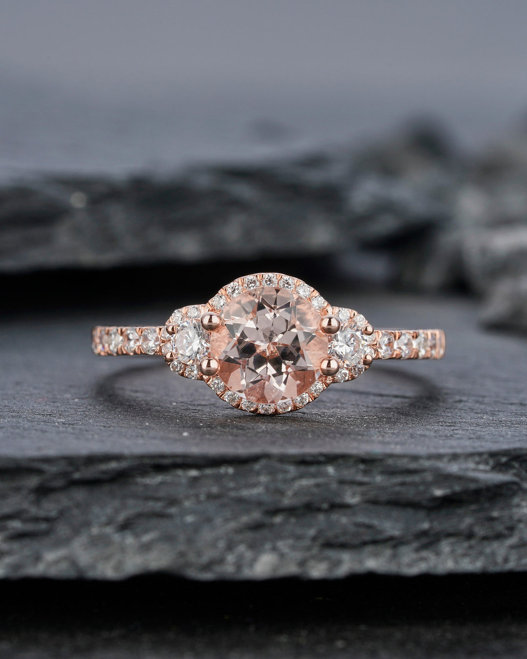 Natural Pink Morganite Engagement Ring, Round Shape Morganite Halo Wedding Ring, Vintage Rose Gold Morganite Promise Ring Gift for Women - ShainJewelry