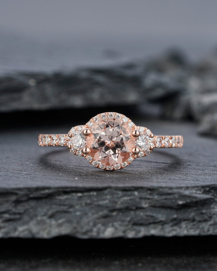 Natural Pink Morganite Engagement Ring, Round Shape Morganite Halo Wedding Ring, Vintage Rose Gold Morganite Promise Ring Gift for Women - ShainJewelry