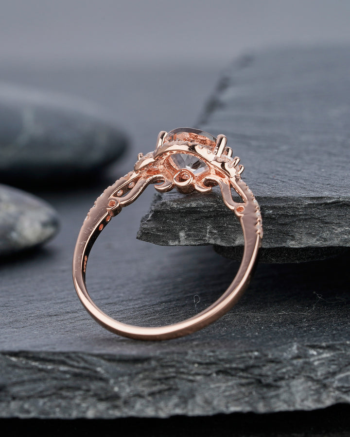 Natural Pink Morganite Engagement Ring, Round Shape Morganite Halo Wedding Ring, Vintage Rose Gold Morganite Promise Ring Gift for Women - ShainJewelry