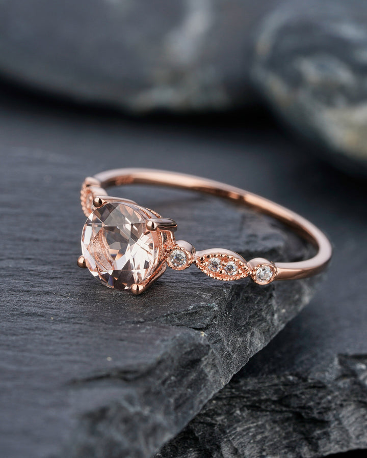 Unique Natural Peach Morganite Engagement Ring, Vintage Round Pink Morganite Wedding Ring, Genuine Morganite Rose Gold Promise Ring Gift - ShainJewelry