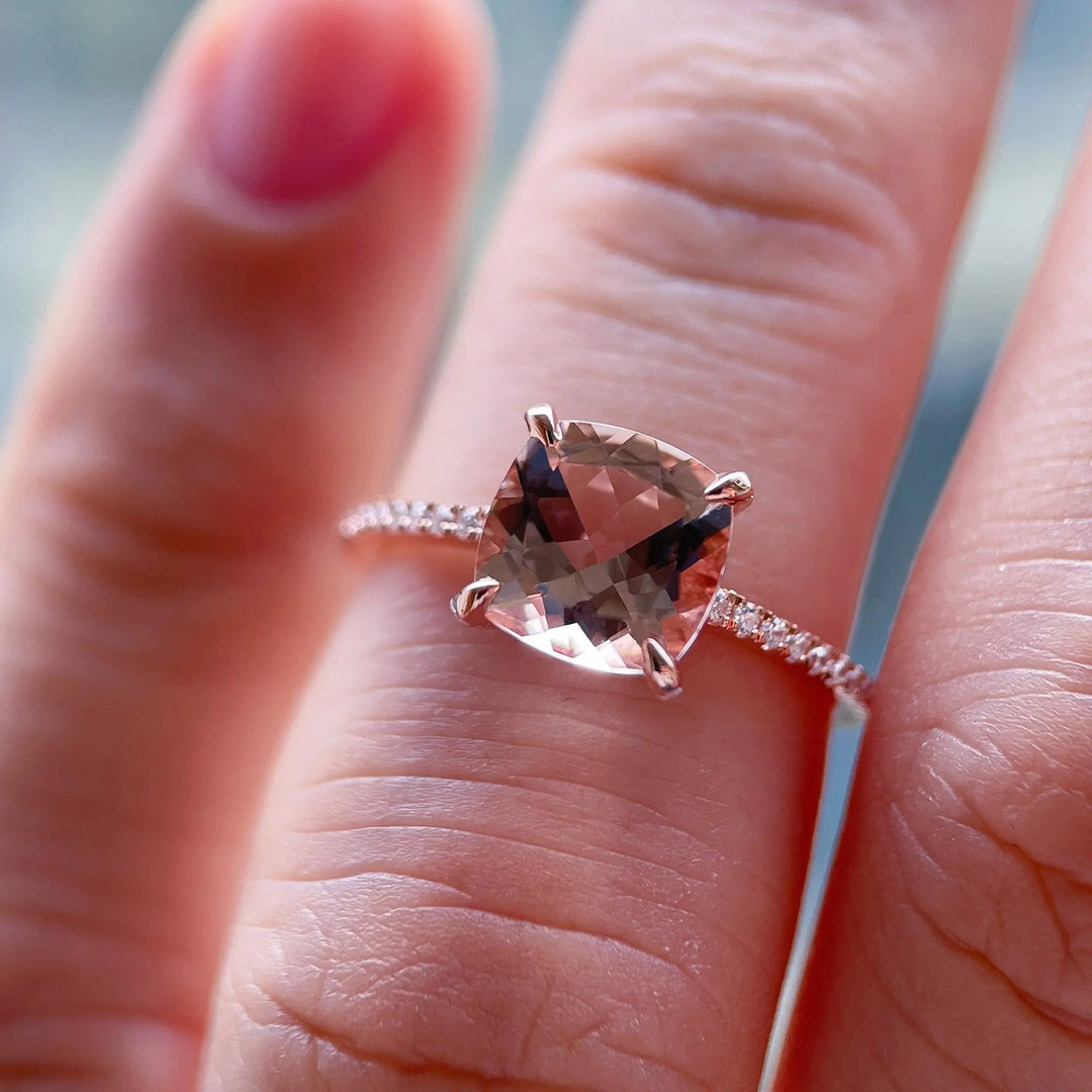 Vintage Pink Morganite and Diamond Engagement Ring, Cushion Morganite Wedding Ring, 14k Rose Gold Hidden Halo Morganite Promise Ring for her - ShainJewelry