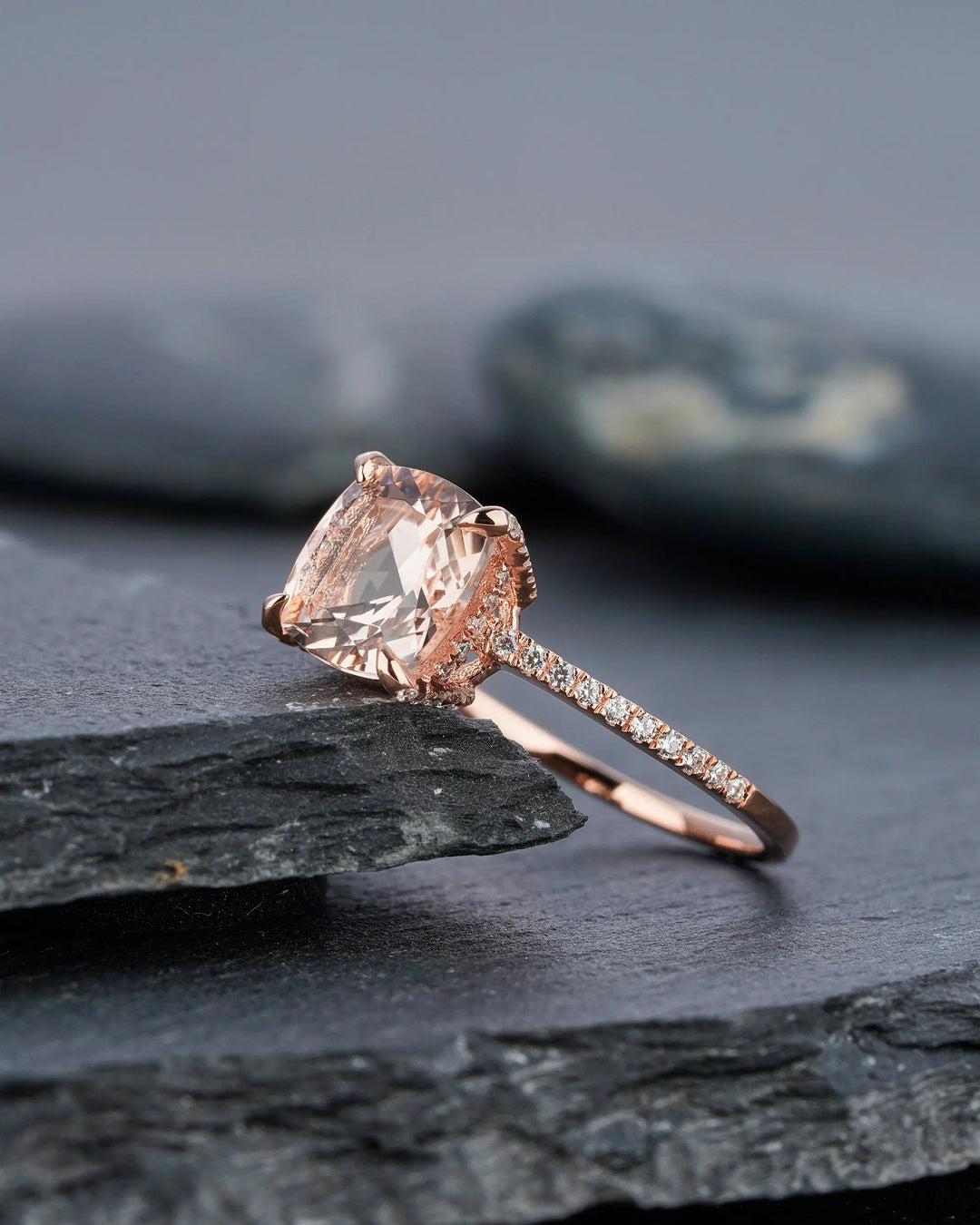 Vintage Pink Morganite and Diamond Engagement Ring, Cushion Morganite Wedding Ring, 14k Rose Gold Hidden Halo Morganite Promise Ring for her - ShainJewelry