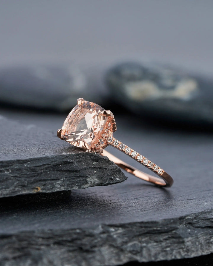 Vintage Pink Morganite and Diamond Engagement Ring, Cushion Morganite Wedding Ring, 14k Rose Gold Hidden Halo Morganite Promise Ring for her - ShainJewelry
