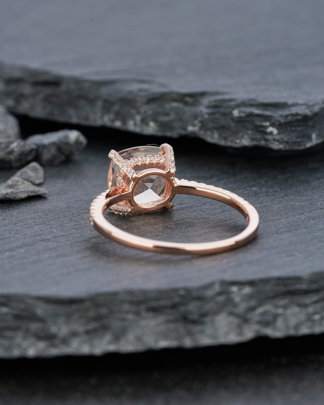Vintage Pink Morganite and Diamond Engagement Ring, Cushion Morganite Wedding Ring, 14k Rose Gold Hidden Halo Morganite Promise Ring for her - ShainJewelry