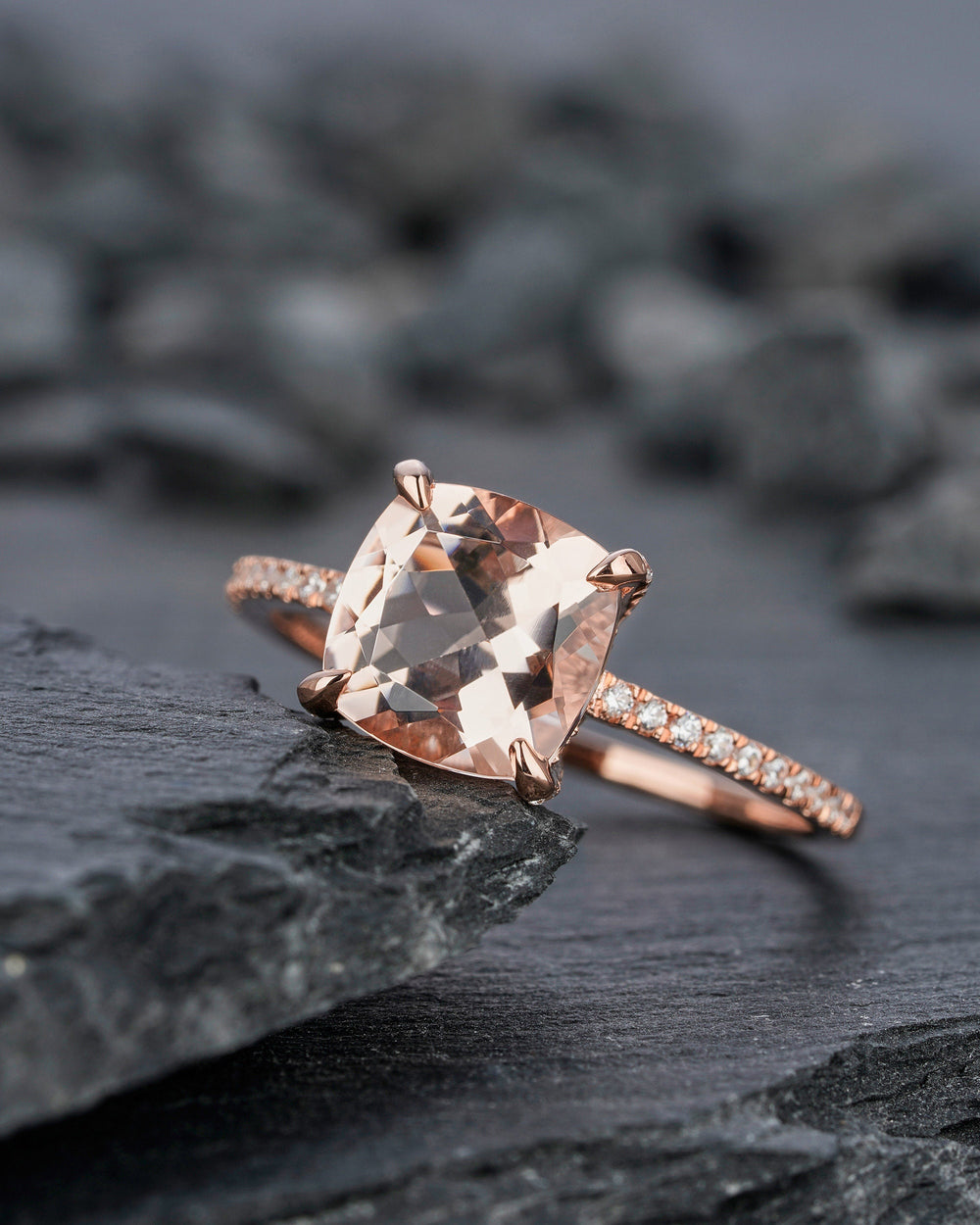 Vintage Pink Morganite and Diamond Engagement Ring, Cushion Morganite Wedding Ring, 14k Rose Gold Hidden Halo Morganite Promise Ring for her - ShainJewelry
