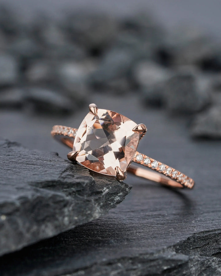 Vintage Pink Morganite and Diamond Engagement Ring, Cushion Morganite Wedding Ring, 14k Rose Gold Hidden Halo Morganite Promise Ring for her - ShainJewelry