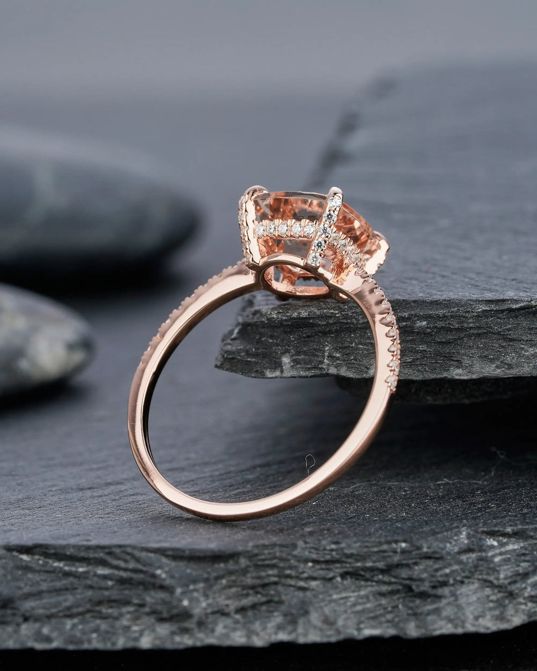 Vintage Pink Morganite and Diamond Engagement Ring, Cushion Morganite Wedding Ring, 14k Rose Gold Hidden Halo Morganite Promise Ring for her - ShainJewelry