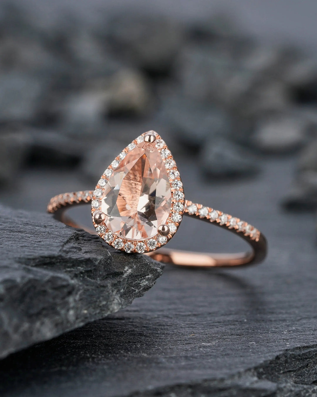 Vintage Pear Cut Peach Morganite Diamond Engagement Ring, Teardrop Pink Morganite Wedding Ring, 14K Rose Gold Morganite Halo Promise Ring, - ShainJewelry