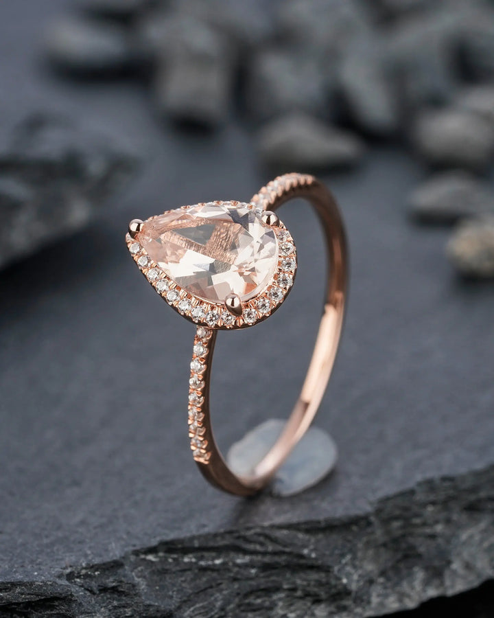 Vintage Pear Cut Peach Morganite Diamond Engagement Ring, Teardrop Pink Morganite Wedding Ring, 14K Rose Gold Morganite Halo Promise Ring, - ShainJewelry