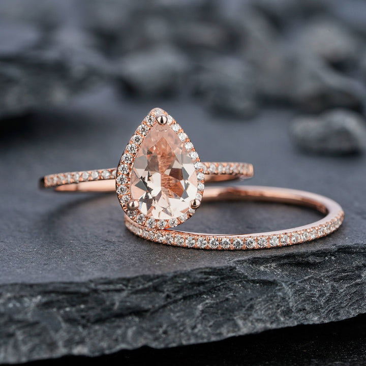 Vintage Pear Shaped Peach Morganite Engagement Ring Set Teardrop Pink Morganite Wedding Set 14K Rose Gold Bridal Set Halo Stack Promise Ring - ShainJewelry