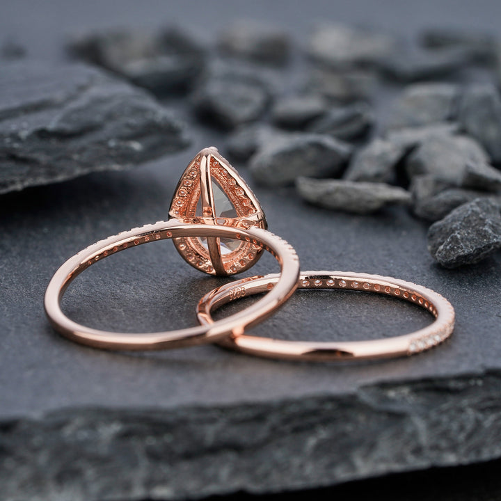 Vintage Pear Shaped Peach Morganite Engagement Ring Set Teardrop Pink Morganite Wedding Set 14K Rose Gold Bridal Set Halo Stack Promise Ring - ShainJewelry