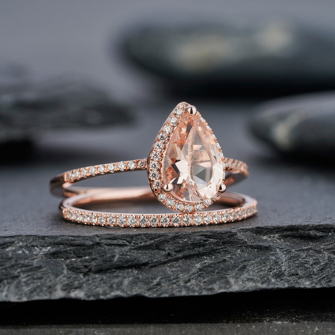 Vintage Pear Shaped Peach Morganite Engagement Ring Set Teardrop Pink Morganite Wedding Set 14K Rose Gold Bridal Set Halo Stack Promise Ring - ShainJewelry