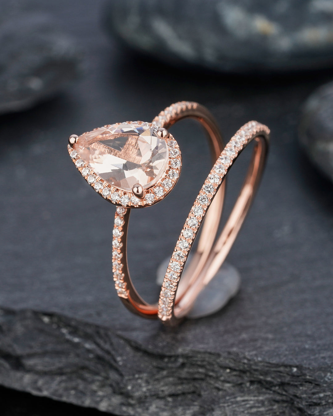 Vintage Pear Shaped Peach Morganite Engagement Ring Set Teardrop Pink Morganite Wedding Set 14K Rose Gold Bridal Set Halo Stack Promise Ring - ShainJewelry