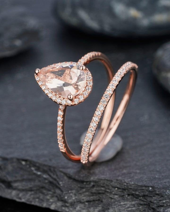 Vintage Pear Shaped Peach Morganite Engagement Ring Set Teardrop Pink Morganite Wedding Set 14K Rose Gold Bridal Set Halo Stack Promise Ring - ShainJewelry