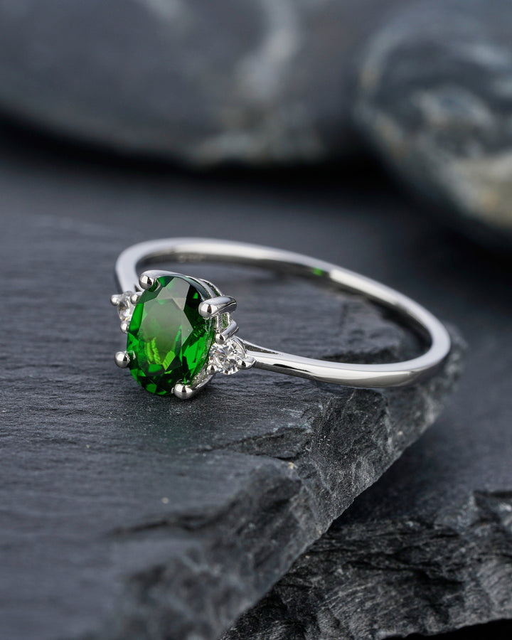 Natural Emerald Engagement Ring, Vintage Emerald Wedding Ring, Three Stone Ring, Oval Cut White Gold Promise Ring Sliver Anniversary Ring - ShainJewelry