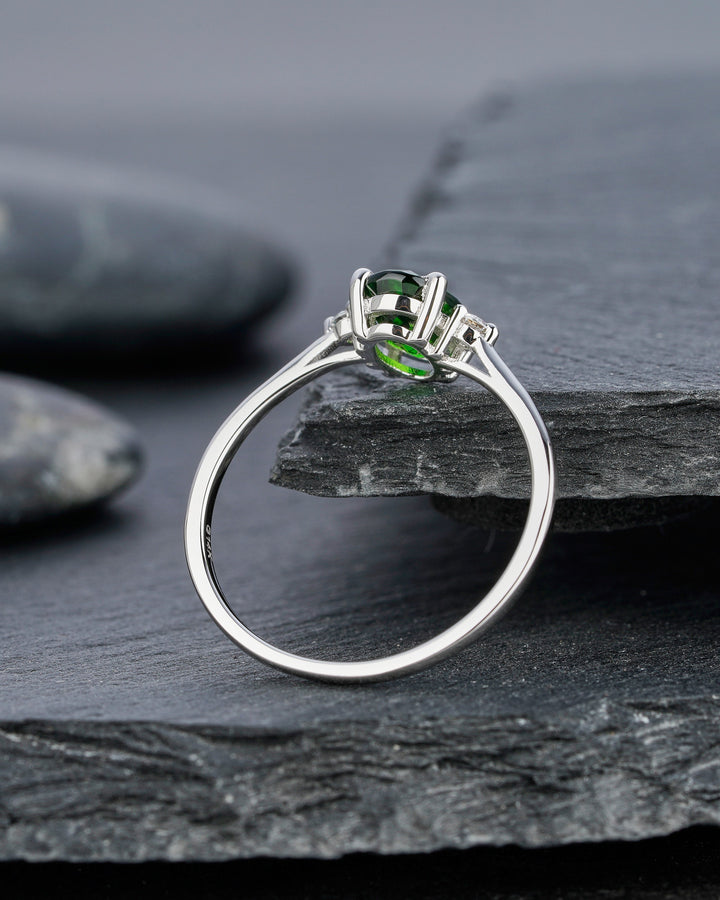 Natural Emerald Engagement Ring, Vintage Emerald Wedding Ring, Three Stone Ring, Oval Cut White Gold Promise Ring Sliver Anniversary Ring - ShainJewelry