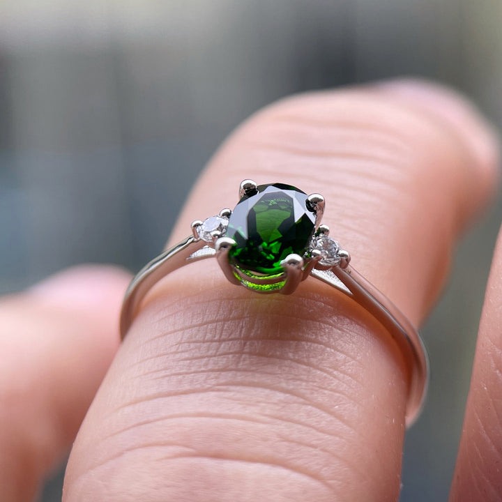 Natural Emerald Engagement Ring, Vintage Emerald Wedding Ring, Three Stone Ring, Oval Cut White Gold Promise Ring Sliver Anniversary Ring - ShainJewelry