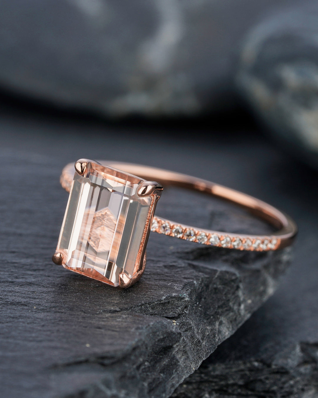 Vintage Peach Morganite Engagement Ring, 2 Ct Emerald Cut Pink Morganite Wedding Ring, 14K Rose Gold Anniversary Promise Ring Gift for Women - ShainJewelry