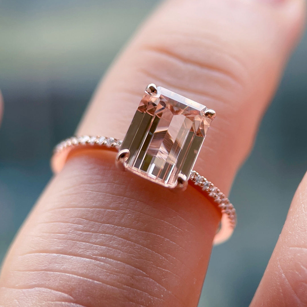 Vintage Peach Morganite Engagement Ring, 2 Ct Emerald Cut Pink Morganite Wedding Ring, 14K Rose Gold Anniversary Promise Ring Gift for Women - ShainJewelry