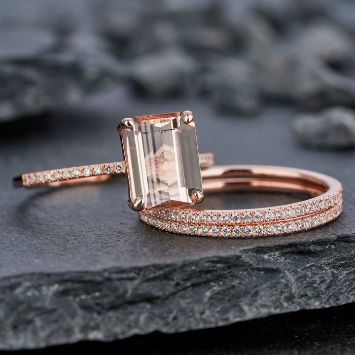 Vintage 3PCS Morganite and Diamond Engagement Ring Set, Unique Emerald Cut Pink Morganite Wedding Set, Rose Gold Bridal Set Promise Rings - ShainJewelry