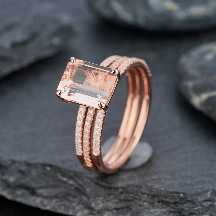 Vintage 3PCS Morganite and Diamond Engagement Ring Set, Unique Emerald Cut Pink Morganite Wedding Set, Rose Gold Bridal Set Promise Rings - ShainJewelry