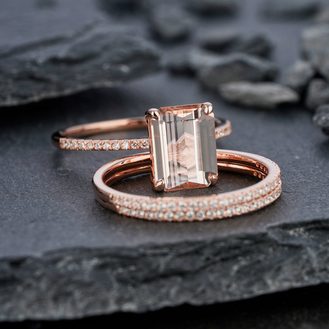 Vintage 3PCS Morganite and Diamond Engagement Ring Set, Unique Emerald Cut Pink Morganite Wedding Set, Rose Gold Bridal Set Promise Rings - ShainJewelry