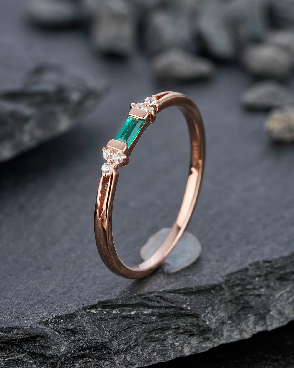 Vintage Baguette Emerald Wedding Band, Rose Gold Emerald Matching Band, Cluster Moissanite Anniversary Ring, Art Deco Emerald Promise Ring - ShainJewelry