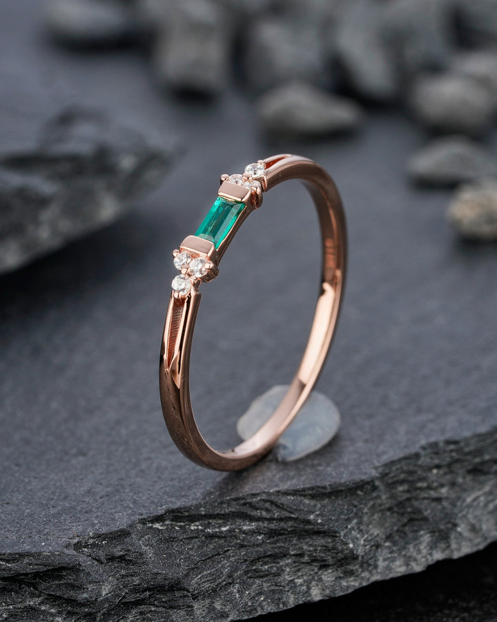 Vintage Baguette Emerald Wedding Band, Rose Gold Emerald Matching Band, Cluster Moissanite Anniversary Ring, Art Deco Emerald Promise Ring - ShainJewelry