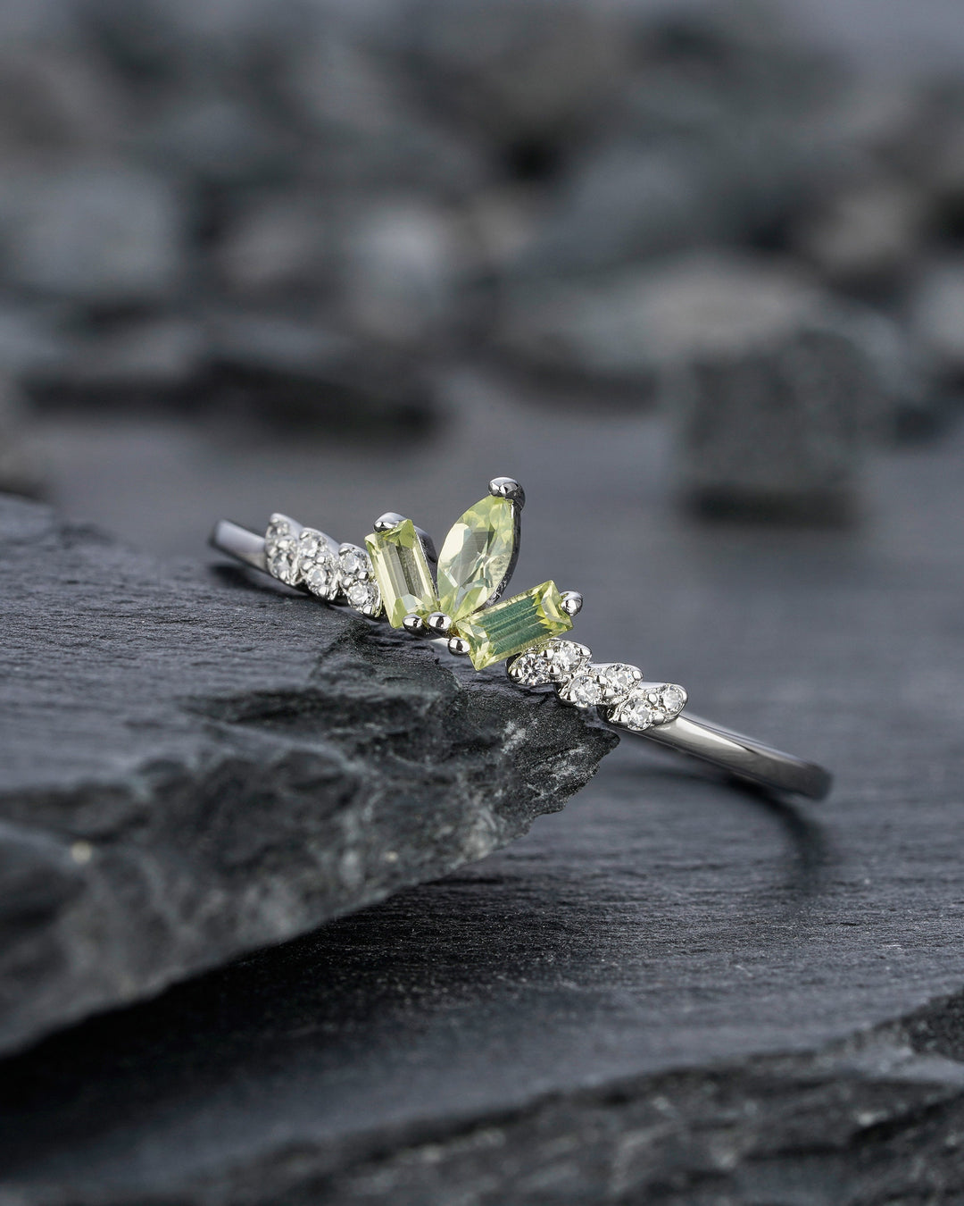 Unique Marquise Peridot Cluster Wedding Band, Baguette Cut Engagement Promise Matching Band, Stackable White Gold Anniversary Enhancer Ring - ShainJewelry