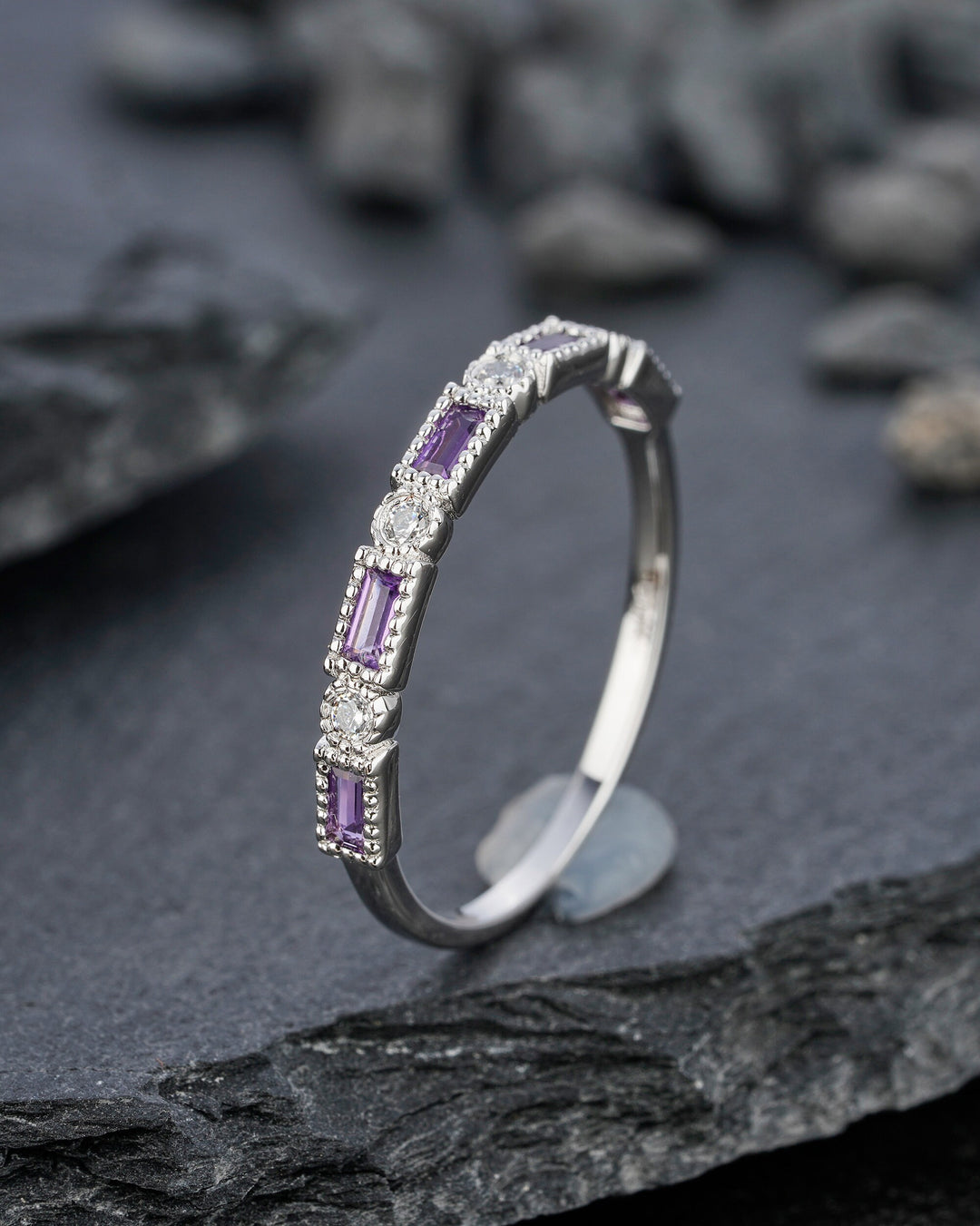 Vintage Purple Amethyst Wedding Band, Half Eternity Engagement Ring, Baguette Cut Amethyst Matching Band, February Birthstone Promise Ring - ShainJewelry