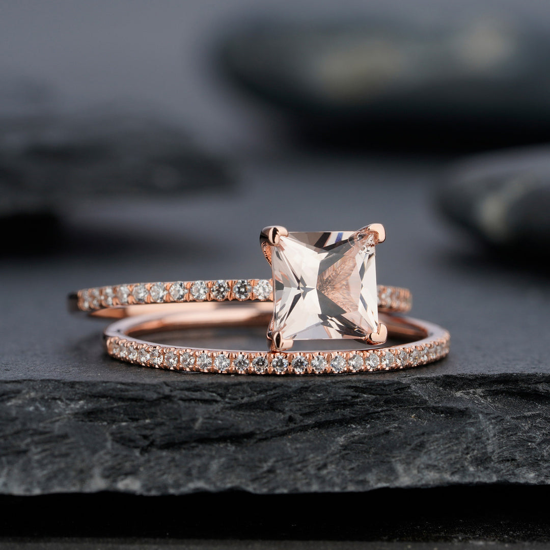 Unique Natural Peach Morganite Bridal Set Princess Cut Pink Morganite Wedding Set Rose Gold Stackable Anniversary Engagement Promise Rings - ShainJewelry