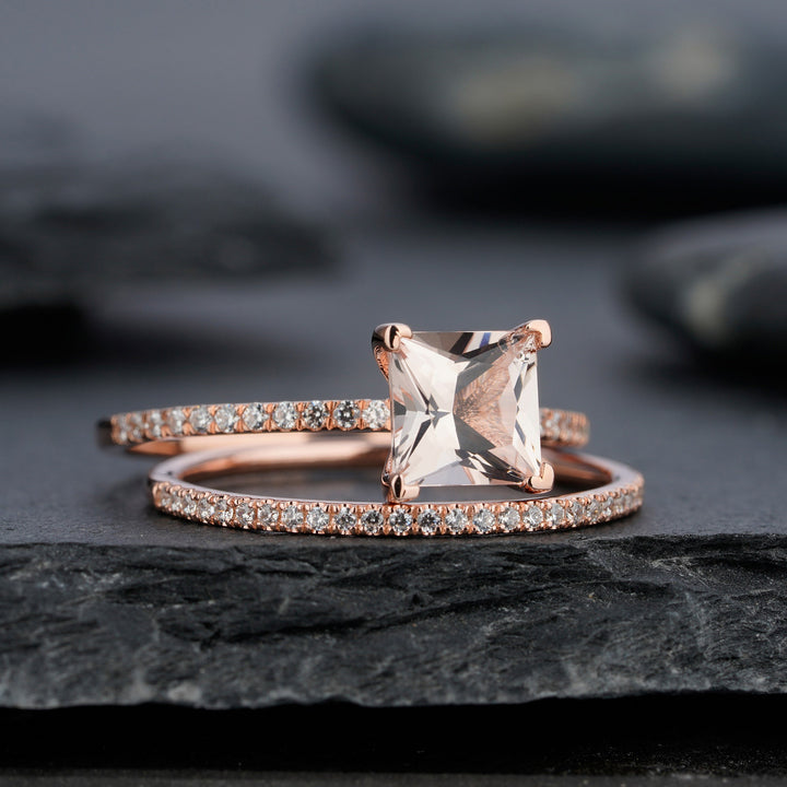 Unique Natural Peach Morganite Bridal Set Princess Cut Pink Morganite Wedding Set Rose Gold Stackable Anniversary Engagement Promise Rings - ShainJewelry