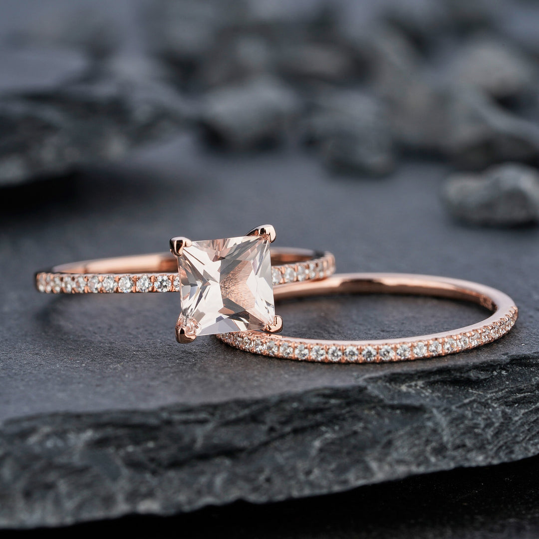 Unique Natural Peach Morganite Bridal Set Princess Cut Pink Morganite Wedding Set Rose Gold Stackable Anniversary Engagement Promise Rings - ShainJewelry