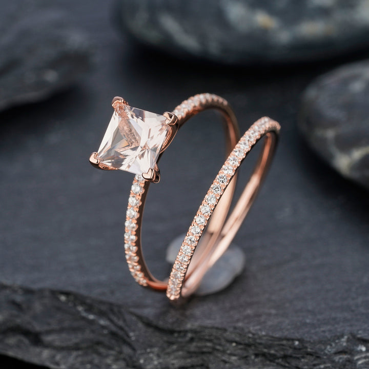 Unique Natural Peach Morganite Bridal Set Princess Cut Pink Morganite Wedding Set Rose Gold Stackable Anniversary Engagement Promise Rings - ShainJewelry