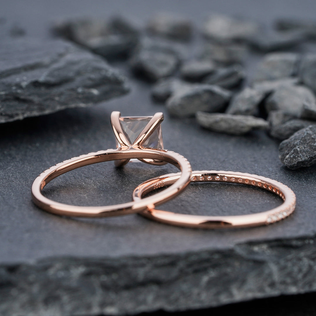 Unique Natural Peach Morganite Bridal Set Princess Cut Pink Morganite Wedding Set Rose Gold Stackable Anniversary Engagement Promise Rings - ShainJewelry