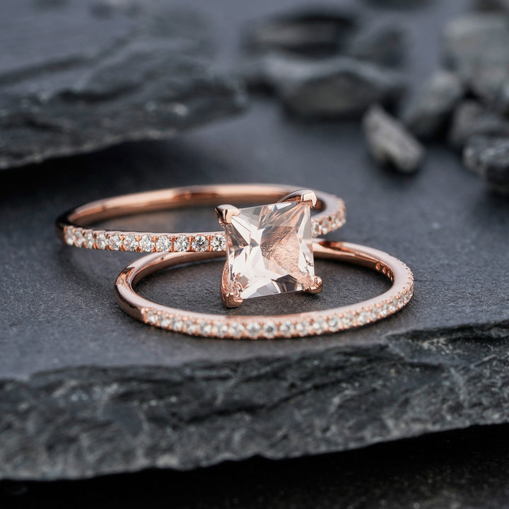 Unique Natural Peach Morganite Bridal Set Princess Cut Pink Morganite Wedding Set Rose Gold Stackable Anniversary Engagement Promise Rings - ShainJewelry