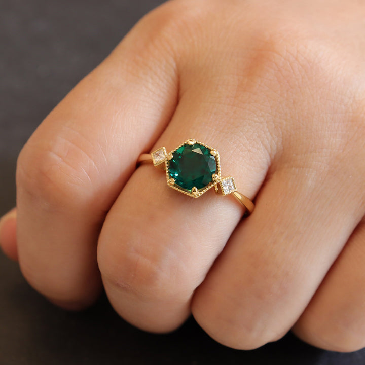 Hexagonal Emerald Engagement Ring, Vintage 2 CT Emerald Wedding Ring, Round Cut May Birthstone Anniversary Promise Ring, 14k White Gold Ring - ShainJewelry