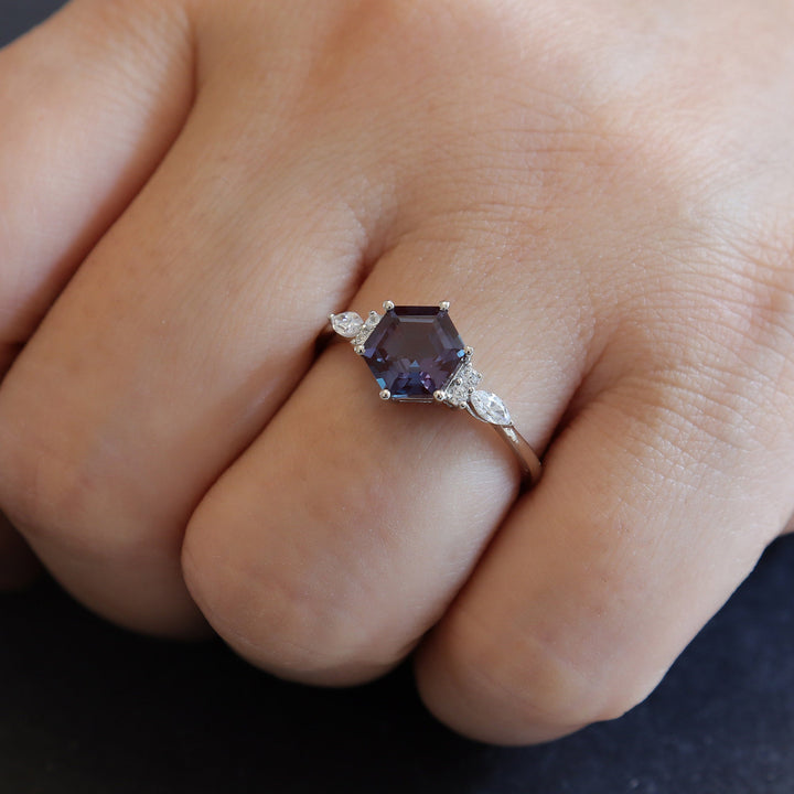 Platinum Hexagon Alexandrite Engagement Ring, Unique 14K White Gold Wedding Ring, Silver June Birthstone Anniversary Promise Ring For Women - ShainJewelry