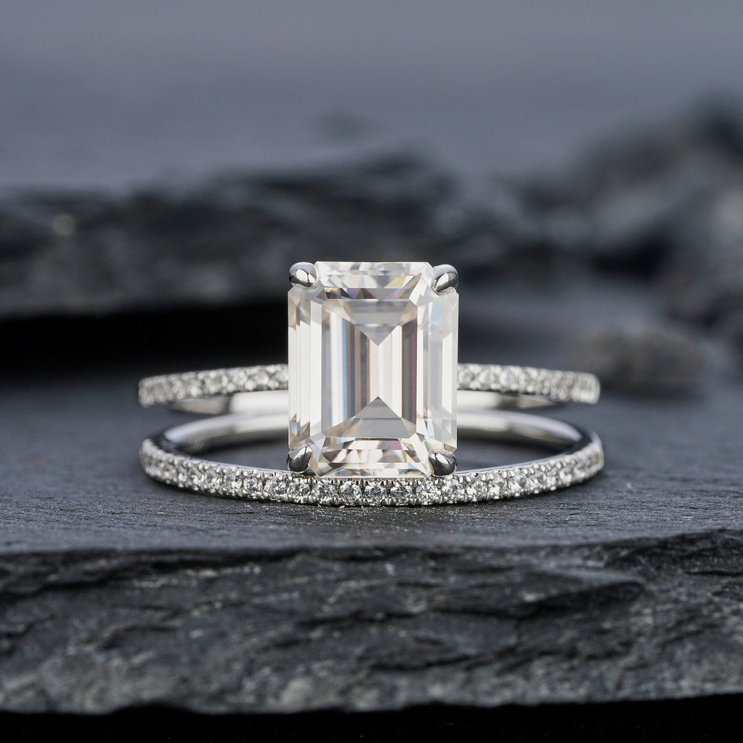 Vintage Moissanite Engagement Ring Set, 3 Carat Emerald Cut Bridal Set White Gold Stackable Anniversary Wedding Promise Rings Gift for Women - ShainJewelry