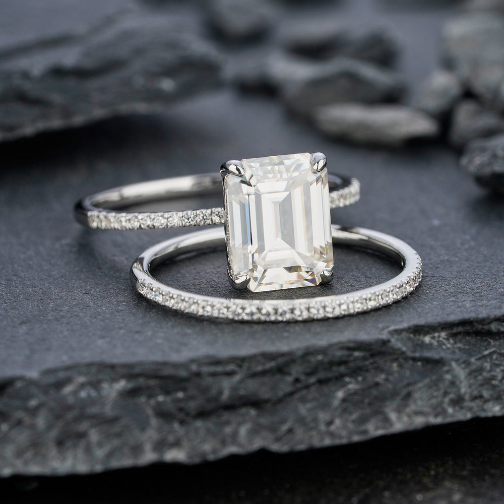 Vintage Moissanite Engagement Ring Set, 3 Carat Emerald Cut Bridal Set White Gold Stackable Anniversary Wedding Promise Rings Gift for Women - ShainJewelry